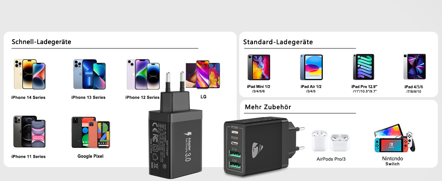 Зарядний пристрій USB-C 2 шт, 4 порти: адаптер для швидкої зарядки 40W PD 3.0 для iPhone 15 Pro Max, Samsung та інших смартфонів - чорний