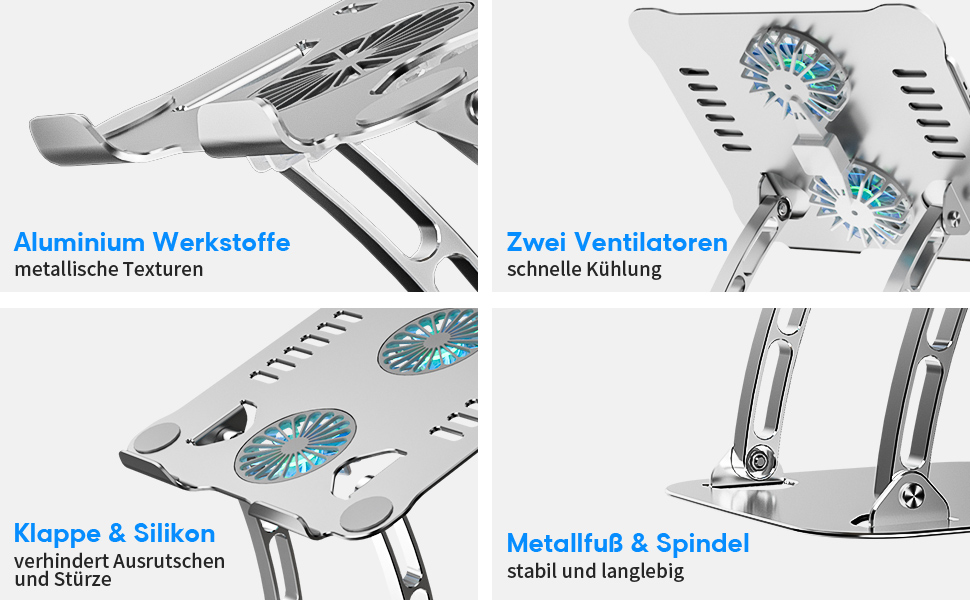 Регульований підставка для ноутбука з RGB вентилятором, алюмінієвий, чорний. Сумісна з MacBook та ноутбуками 10-17'