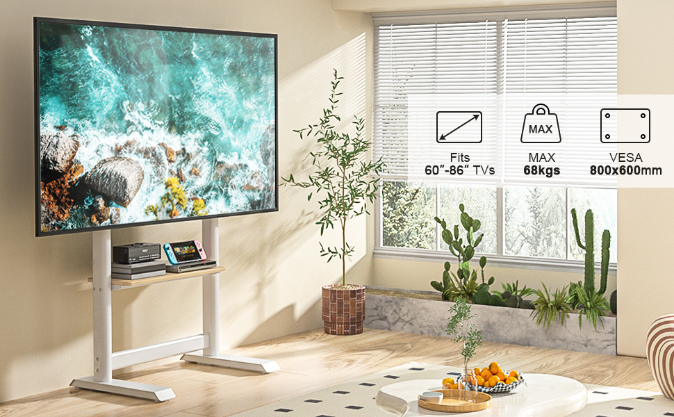 Підставка для телевізора TVON для плоских та вигнутих екранів 60-86 дюймів, регульована висота, білий колір, до 68 кг, VESA 800x600 мм