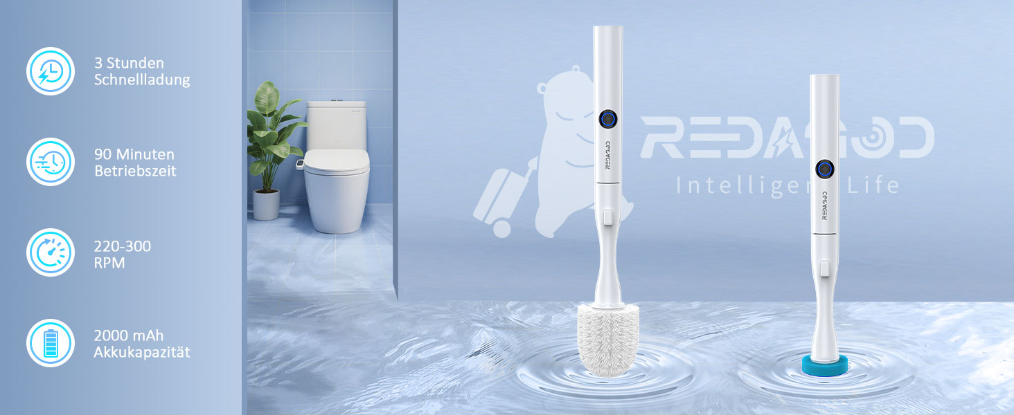 Електрична щітка для унітазу Redagod з настінним кріпленням, подвійним контейнером та змінною насадкою (5 одноразових серветок) з бризкозахистом, 1 шт.