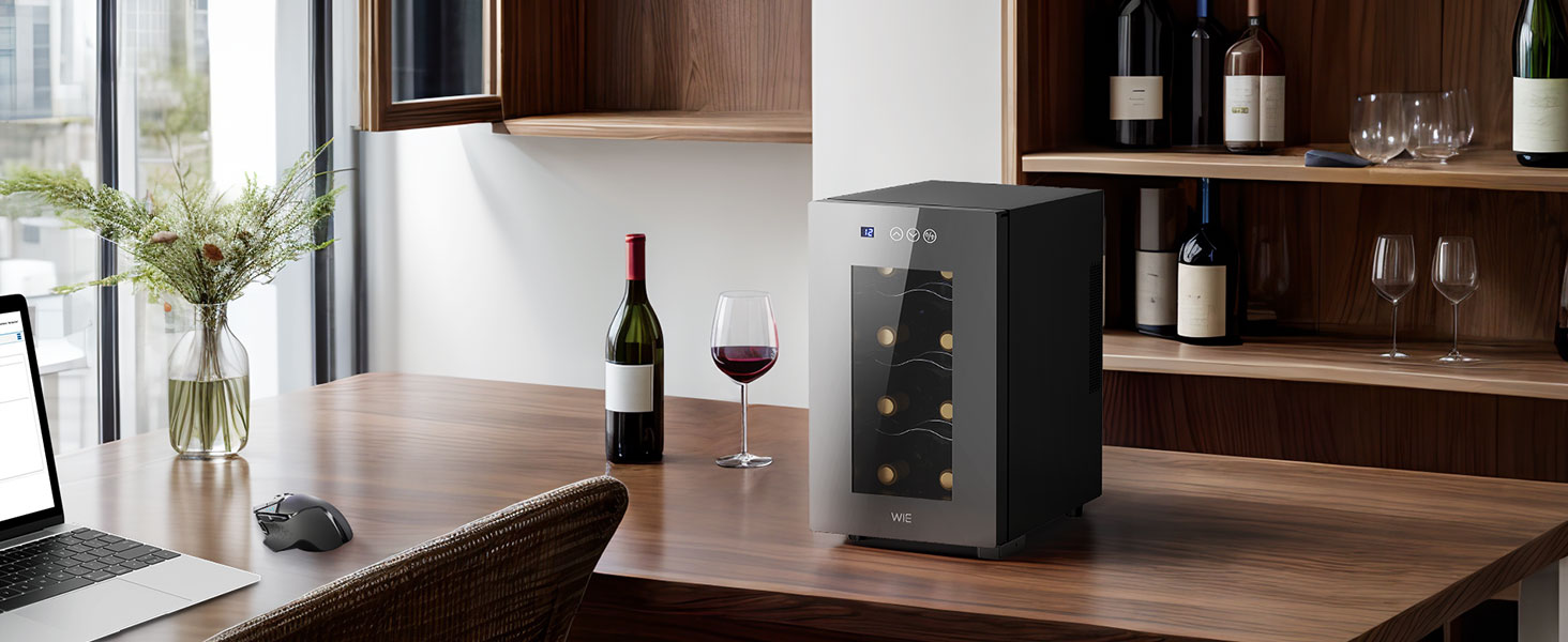 WIE 33 Liter Wine Fridge - 1 Zone Wine Cooler with Glass Door & LED Touch Panel - Mini Wine Refrigerator for 8 Bottles