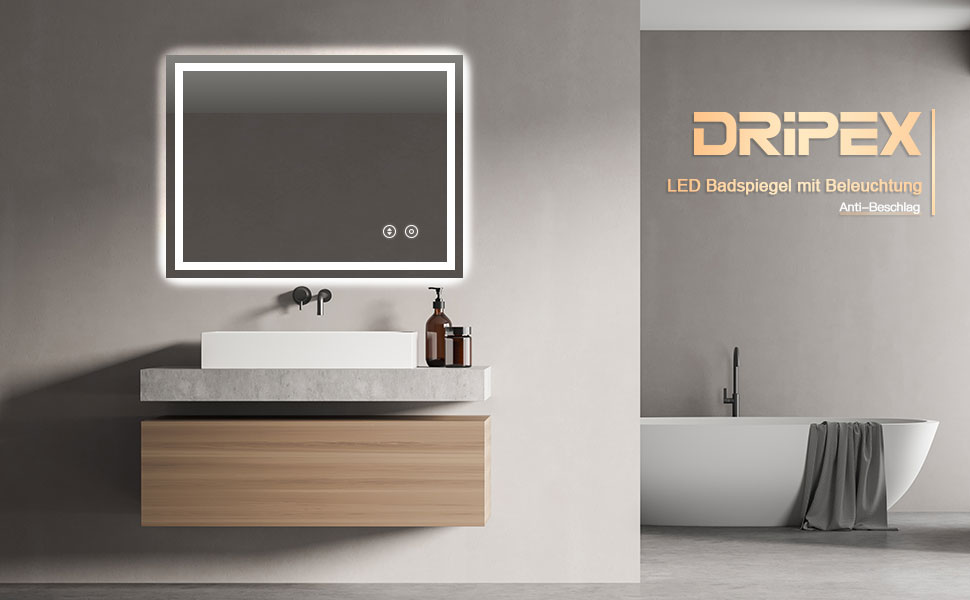 Дзеркало для ванної кімнати Dripex LED з підсвічуванням, сенсорне керування, регулювання яскравості, 3 кольори світла, антизапарник, 50x70 см