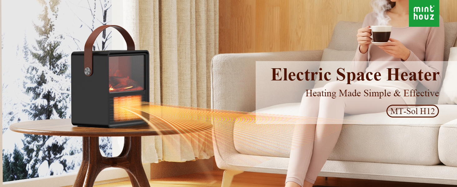 Електричний обігрівач Minthouz 1200W/800W з ефектом полум'я, термостатом та захистом від перегріву для дому та офісу