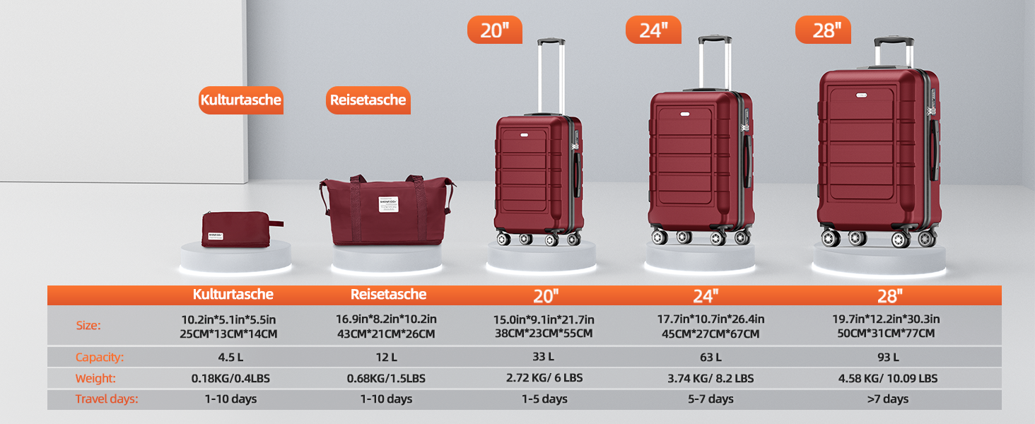 Чемодан SHOWKOO з жорстким корпусом, XL, червоний (Set): розширюваний, з TSA-замком, 4 колеса, з набором аксесуарів (сумка для подорожей, туалетна сумка)