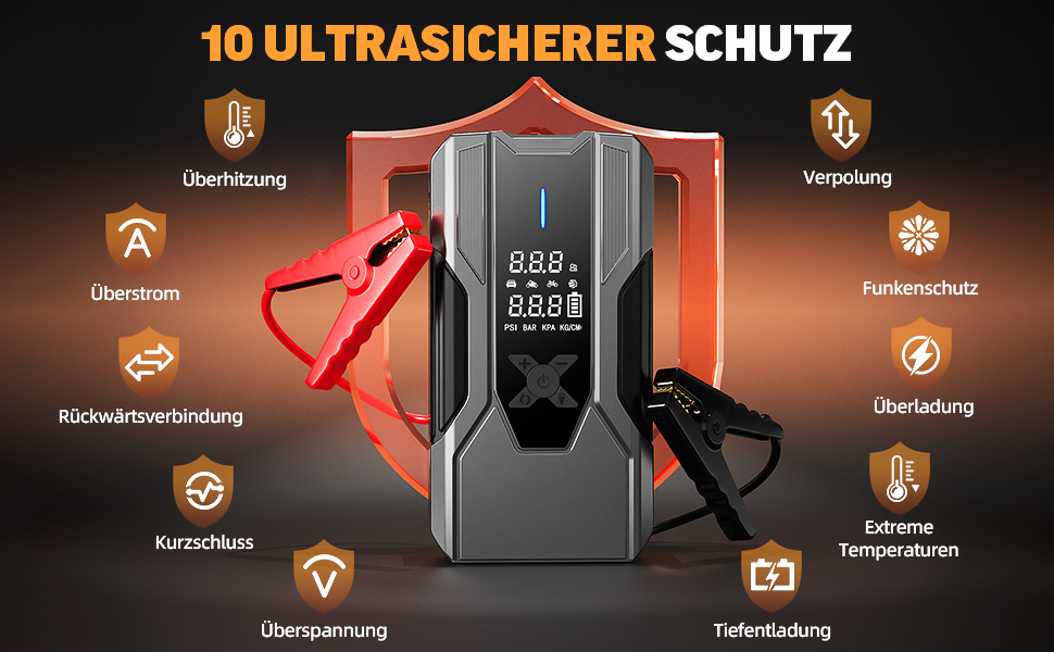 Powerbank для автомобіля 8000A Starthilfe, пусковий пристрій з компресором 150PSI, 26800mAh для бензинових та дизельних двигунів (до 12.0L), зарядний пристрій для акумулятора