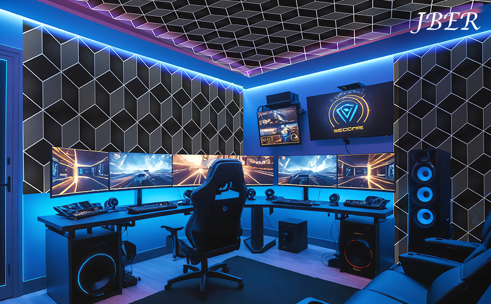 Акустичні панелі JBER для стін самоклеючі, шумопоглинаючі 3D-панелі для студії, офісу та дому, гексагональні (12 шт), 30×30×1 см, чорно-білі