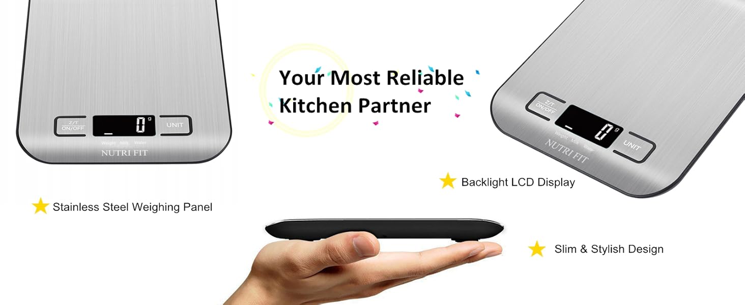 Кухонні ваги Nutri Fit: цифрова вага з нержавіючої сталі, ультраплоска, LCD-дисплей, 5 кг, 4 одиниці вимірювання