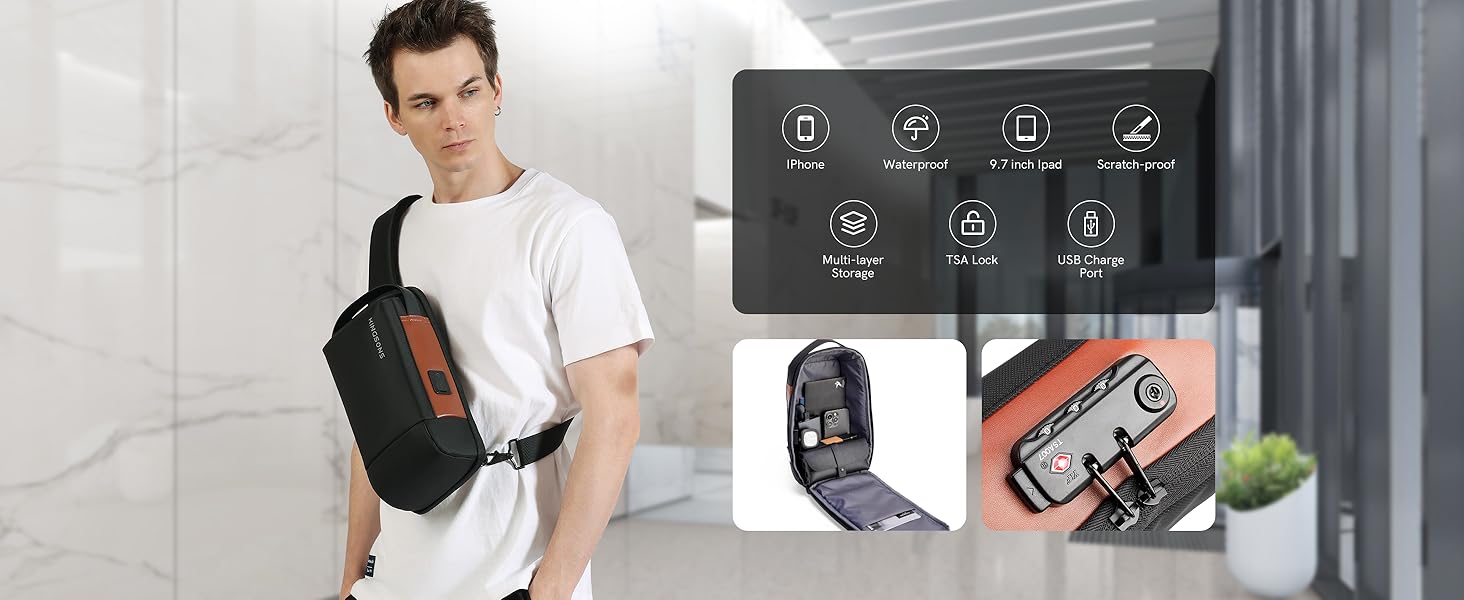 Чоловіча/Жіноча нагрудна сумка Kingsons Anti-theif з замком, маленька кросбоді, для подорожей, спорту, велотуризму, повсякденного використання (чорний/коричневий)