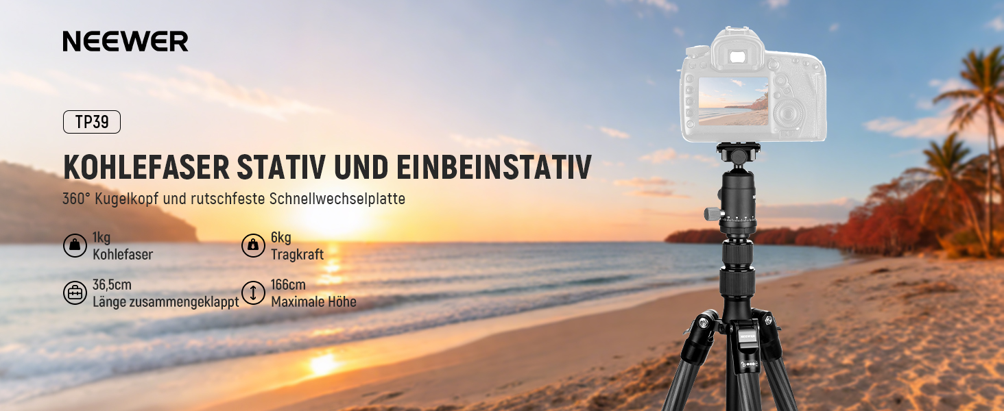 Штатив для камери NEEWER 77' з моноподом, кульковою головкою 360° та Arca QR-пластиною, компактний, легкий, з алюмінію, для подорожей, відеозйомки, максимальне навантаження 6 кг (TP39)