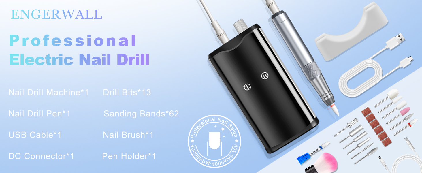 Професійний фрезер для нігтів ENGERWALL M95G: 40000 обертів/хв, акумулятор 24 год, бездротовий електричний фрезер для гелю та акрилу, LCD дисплей, турбо двигун