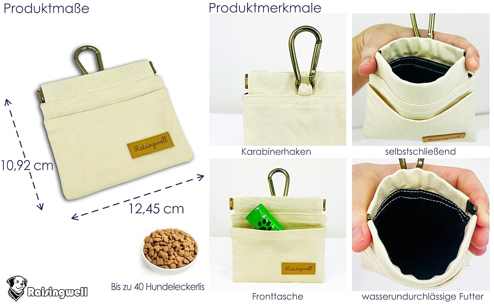 Сумка для корму для собак Leckerlibeutel – міцна бавовняна сумка для прогулянок з карабіном та самозакривною застібкою, ідеальна для подорожей та активного відпочинку (біла)