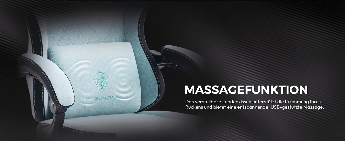 Ігровий крісло Dowinx з тканиною, пружинним сидінням та масажем попереку, з підніжкою для дорослих. Ергономічне, велике та високе крісло для офісу та ігор, до 135 кг, колір - аква