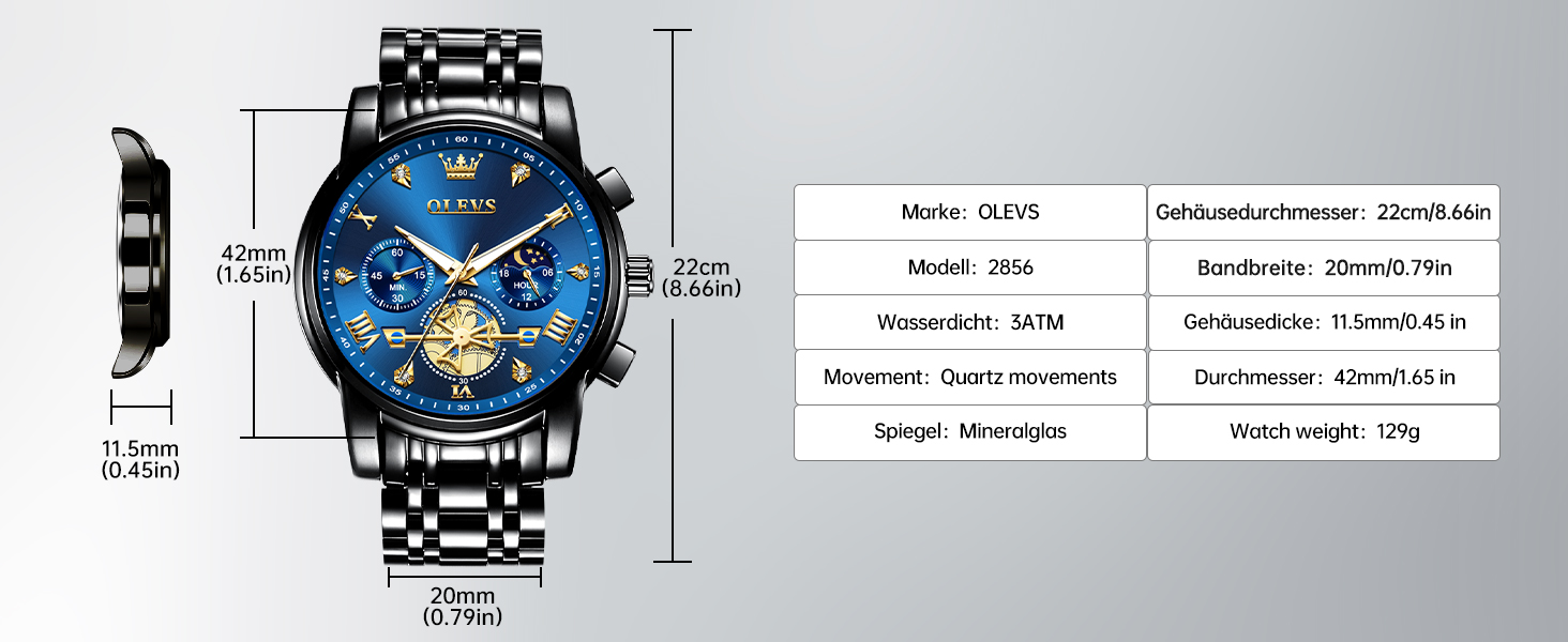 Годинник чоловічий OLEVS з металевим браслетом, кварцовий, з місячною фазою, хронограф, водостійкий, з нержавіючої сталі (2856 Blue / Black)