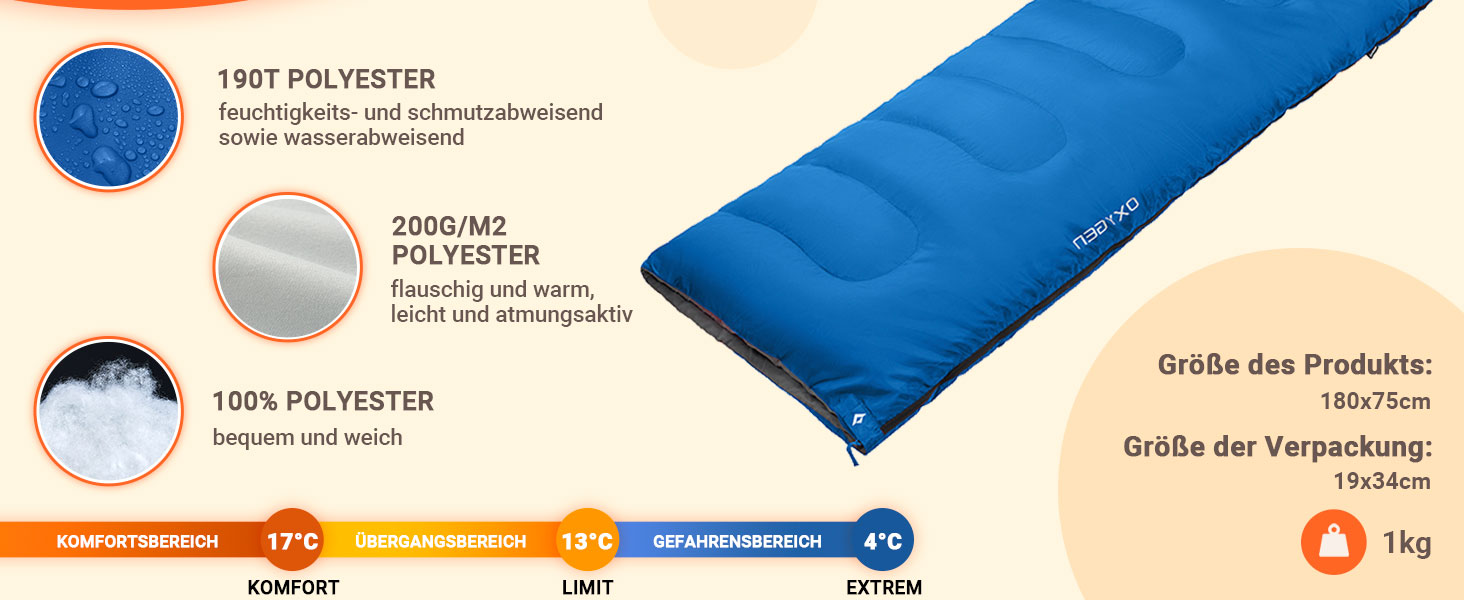 KingCamp 3-Season Sleeping Bag - Lightweight, Water-Resistant & Warm for Adults & Kids - Camping & Outdoor Use