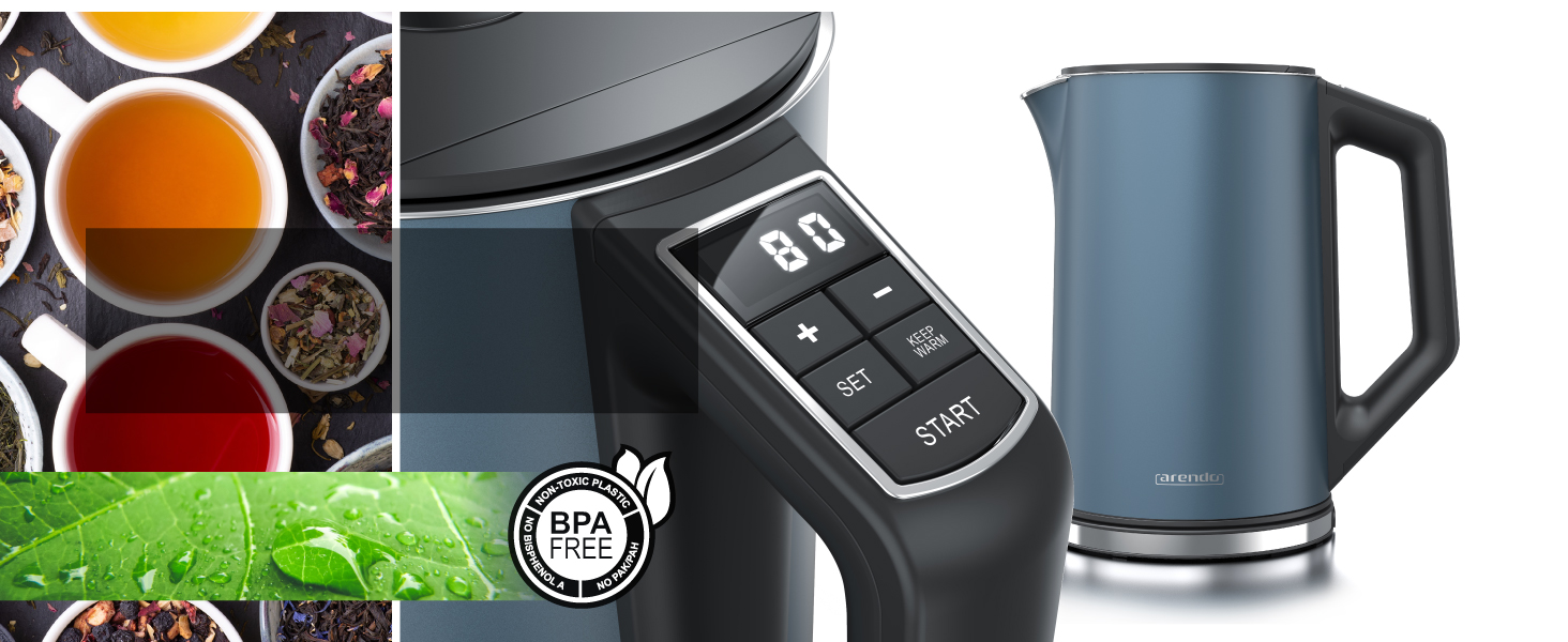 Набір чайник та тостер Arendo SET з нержавіючої сталі, блакитний. Чайник 1,5л, регулювання температури 40-100°C, тостер на 4 тости з LED-дисплеєм, 6 ступенів підсмажування та підставка для бургерів.