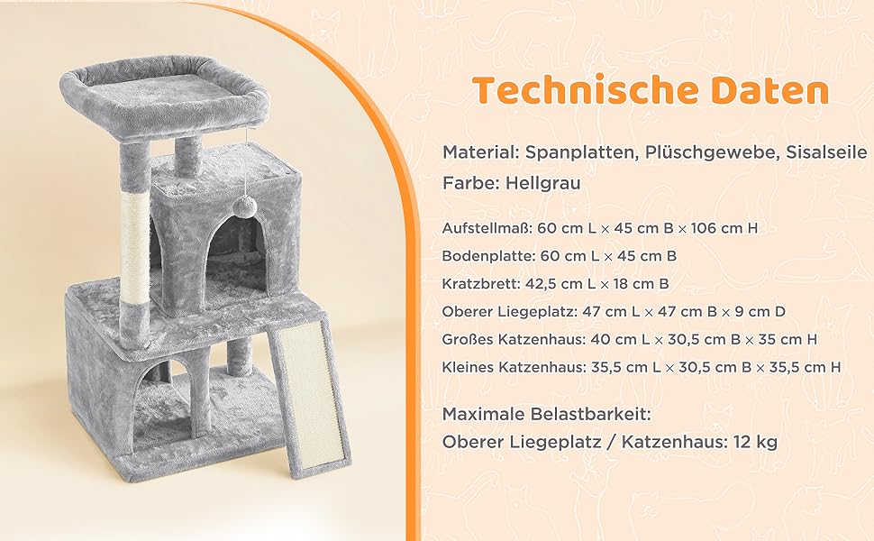 Дерево для котів Yaheetech, стабільний котячий будиночок 91 см, котячий шкребок з 2 будиночками, сизаль, іграшковий м'ячик, ігровий комплекс для котів (60x45x106 см, світло-сірий)