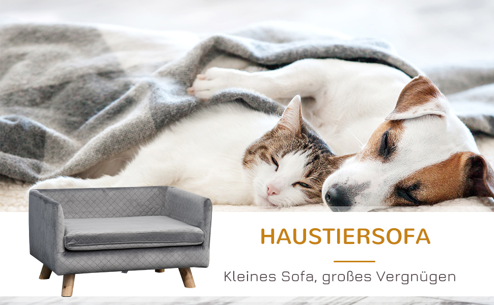 Диван для собак PawHut з дерев'яними ніжками, лежанка для домашніх тварин, м'яка подушка для собак, підходить для маленьких собак до 8 кг, сірий, 64 x 45 x 36 см