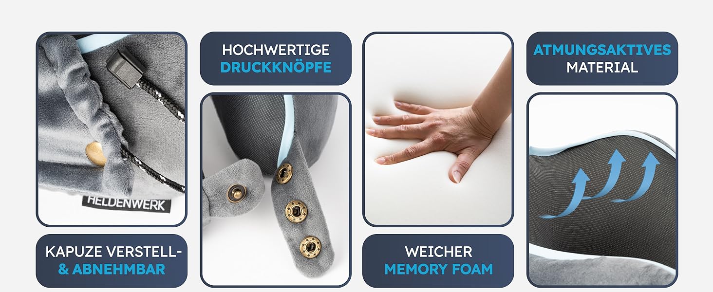 Подушка для шиї Comfy від HELDENWERK для подорожей: Memory Foam, 6-позиційна, для авто/літака, зручна, дихаюча, миюча (темно-сіра)