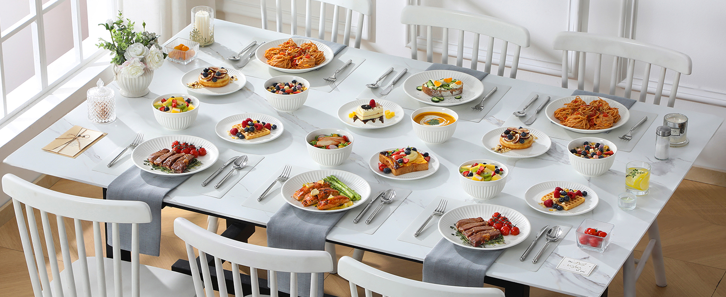 Набір посуду Malacasa Leila для 6 осіб, 24-елементний сервіз з порцеляни з ручним рельєфним дизайном, білий. Підходить для мікрохвильової печі та мийки посуду.