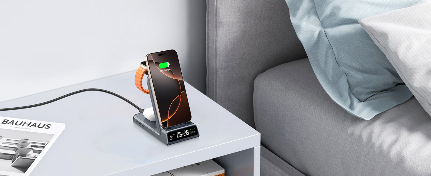 Бездротова зарядка 3-в-1 SwanScout 703A для iPhone 17/16/15/14/13/12, Apple Watch 11/10/9/8/7/Ultra та AirPods Pro 3 (Tech Grey)