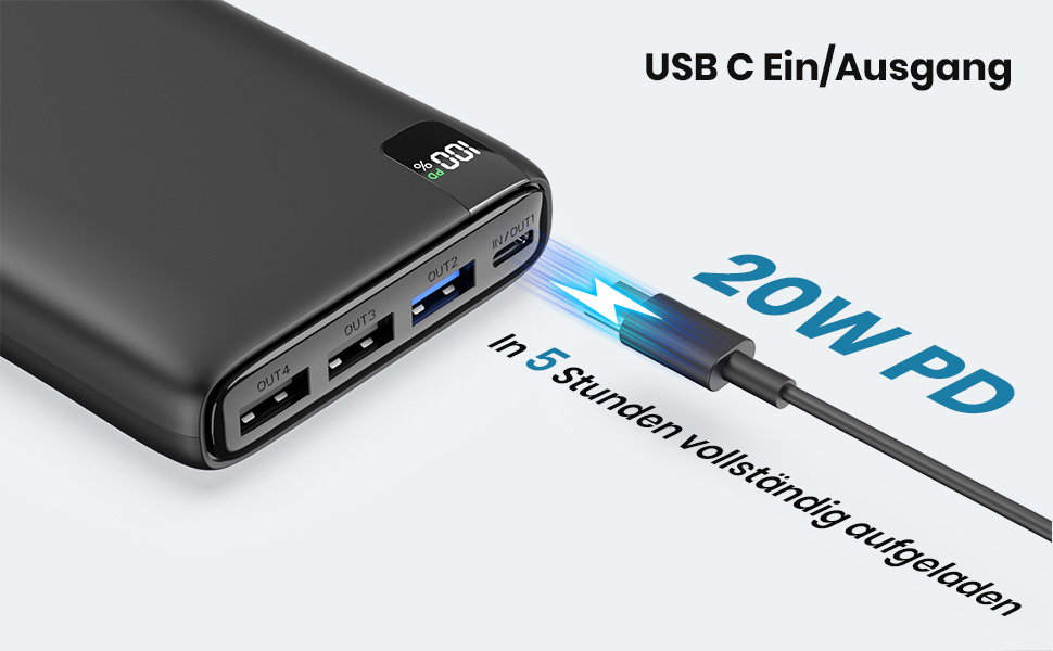 Power Bank Riapow 26800mAh з LED-дисплеєм: зарядка для смартфонів та планшетів, 4 порти USB, 22,5W, чорний