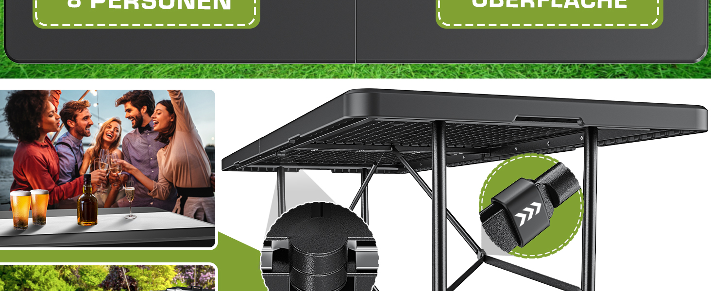 Зручний складаний садовий стіл Tillvex 180x75 см з ручкою для перенесення | Стіл для тераси, балкона, кемпінгу | Чорний