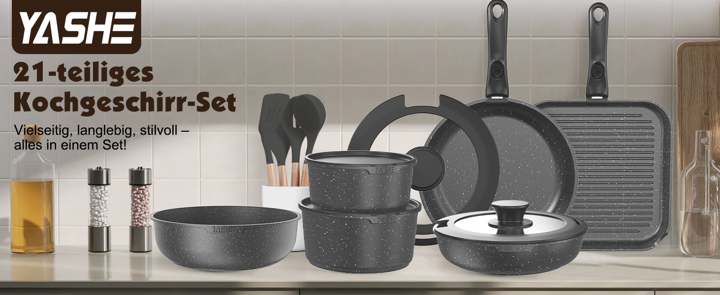 Набір посуду YASHE 21 предмет: каструлі та сковорідки з антипригарним покриттям, знімні ручки, скляні кришки, індукційний, для духовки, стекуваний, білий (сірий)