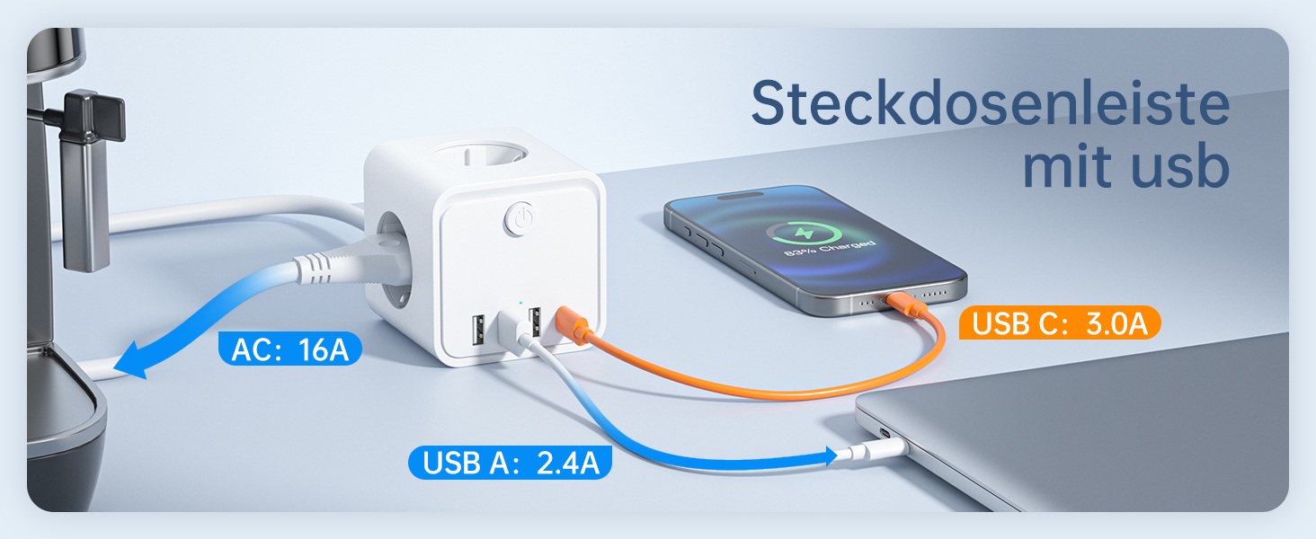 Мережевий фільтр (подовжувач) 7 в 1 з USB-портами, 3 розетки, з вимикачем, кабель 2м, білий — для дому та офісу
