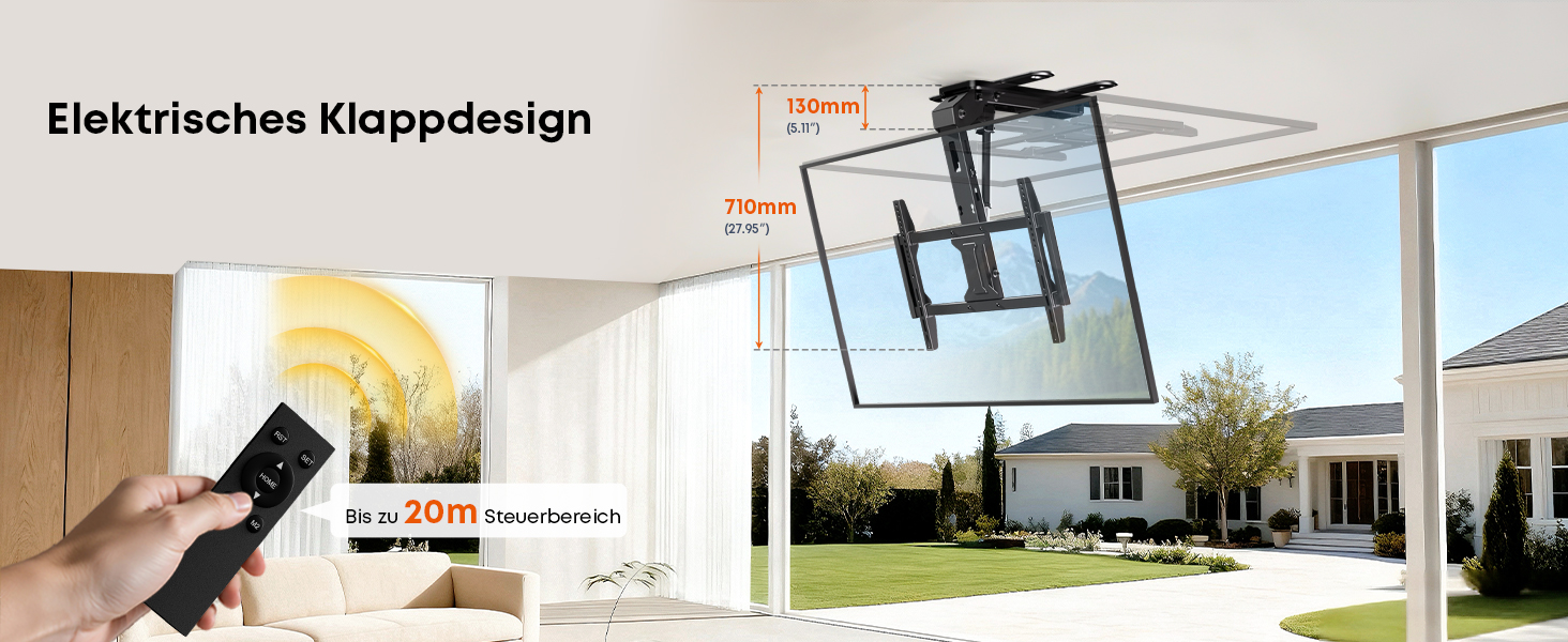 Електричний стельовий кронштейн для телевізора 37-75 дюймів, чорний - похилий, з пультом ДУ, до 45 кг