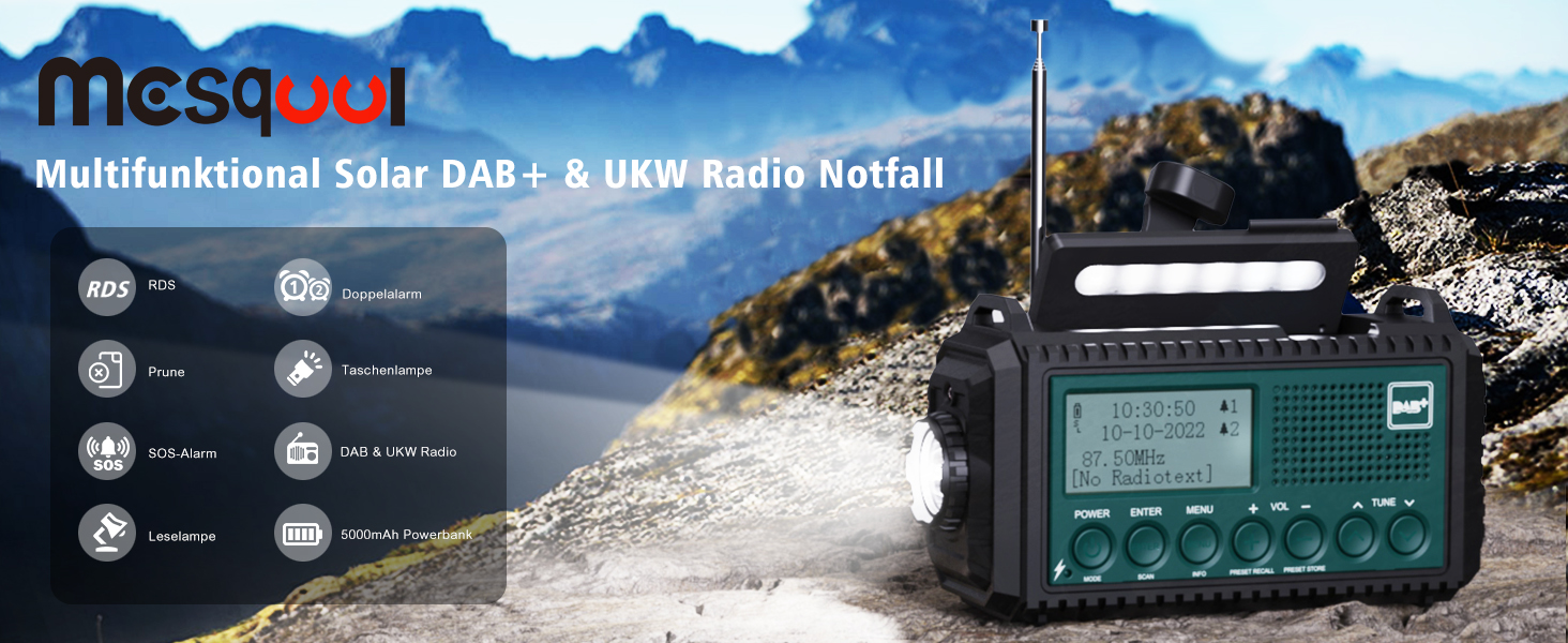 Радіоприймач Kurbelradio з DAB+/DAB/UKW, акумулятор 5000mAh, ліхтарик та світло для читання, FM, USB зарядка для телефону, динамо, SOS-сигнал, для кемпінгу та подорожей, Bluetooth, блакитний