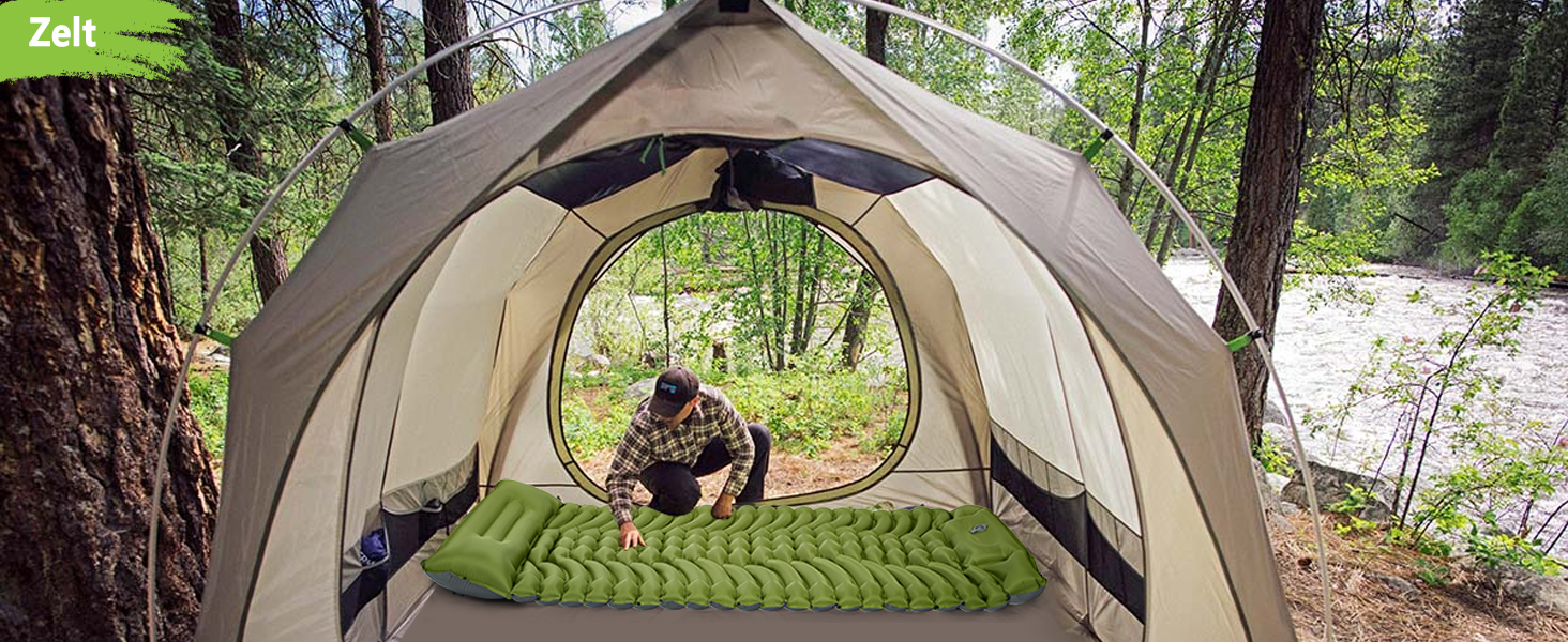 MEIJO Килимок для кемпінгу самонадувний, ізомат, туристичний килимок для сну, легкий, з насосом, для відпочинку на природі, у наметі, на пляжі, блакитний & сірий (зелений & сірий)