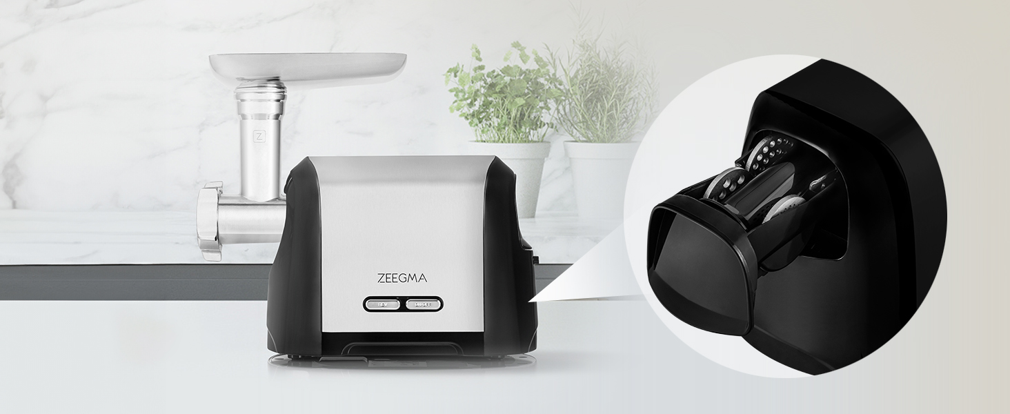 ZEEGMA Electric Meat Grinder - 1900W, Stainless Steel Plates, 3kg/min, Sausage Maker, Kubbe Maker, Chopping, Dicing, REV Function, Accessory Set - Silver