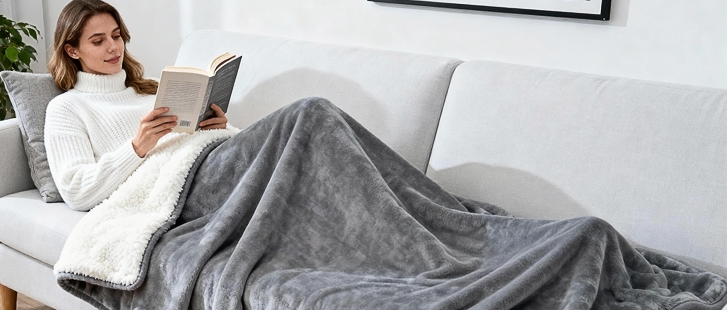 Електрична ковдра PRANITE 180x130 см з Sherpa та Flanell, 6 режимів нагріву, таймер 10 годин, автовимкнення, захист від перегріву, придатна для прання – сіра для ліжка та дивана