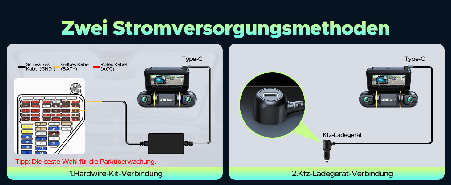 Відеореєстратор LAMTTO 360° з 4 камерами: передня, задня, внутрішня + паркувальний монітор. 5G WiFi, APP-керування, IR нічне бачення, комплект для підключення до акумулятора, SD-карта 128GB.