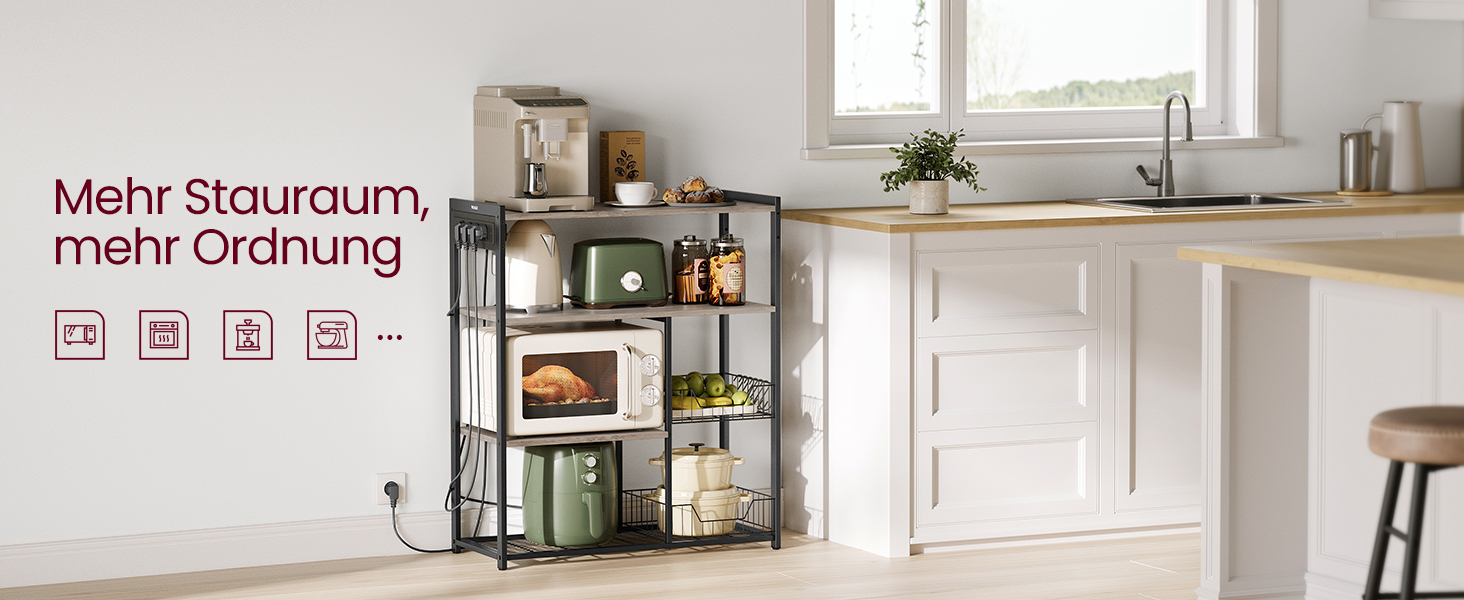 Стелаж кухонний VASAGLE з розетками, 2 металеві кошики, гачки, полиці, 35 x 80 x 93,5 см, індустріальний дизайн, vintagebrown-tintenschwarz