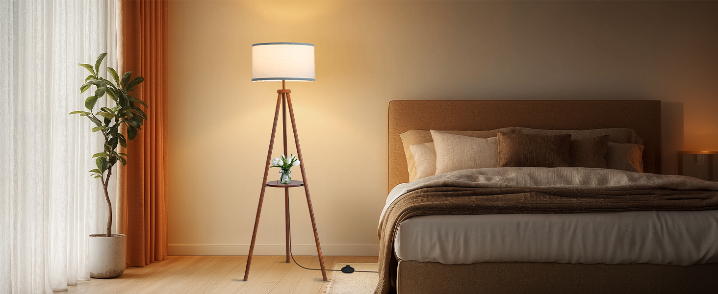 Стельова лампа з полицею, пульт дистанційного керування, 3 колірні температури, тринога, для вітальні, спальні, офісу (горіх), бежевий абажур