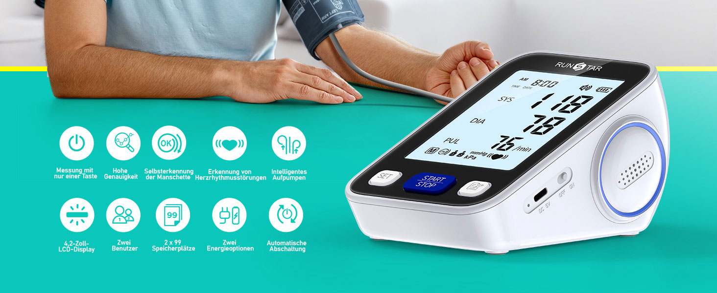 Тонометр RunStar на плече з широкою манжетою (22-42 см) для дому, автоматичний цифровий тонометр з сумкою для зберігання, пам'ять на 2 x 99 показників