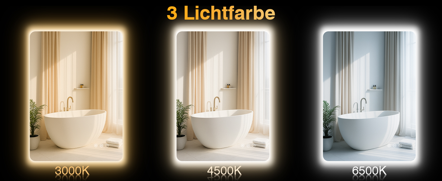 Дзеркало для ванної кімнати з підсвічуванням 50 x 70 см, LED дзеркало з протизапарюючим покриттям, 3 кольори світла, регулювання яскравості, прямокутна форма, сенсорне управління, функція пам'яті, горизонтальне/вертикальне кріплення, без рамки