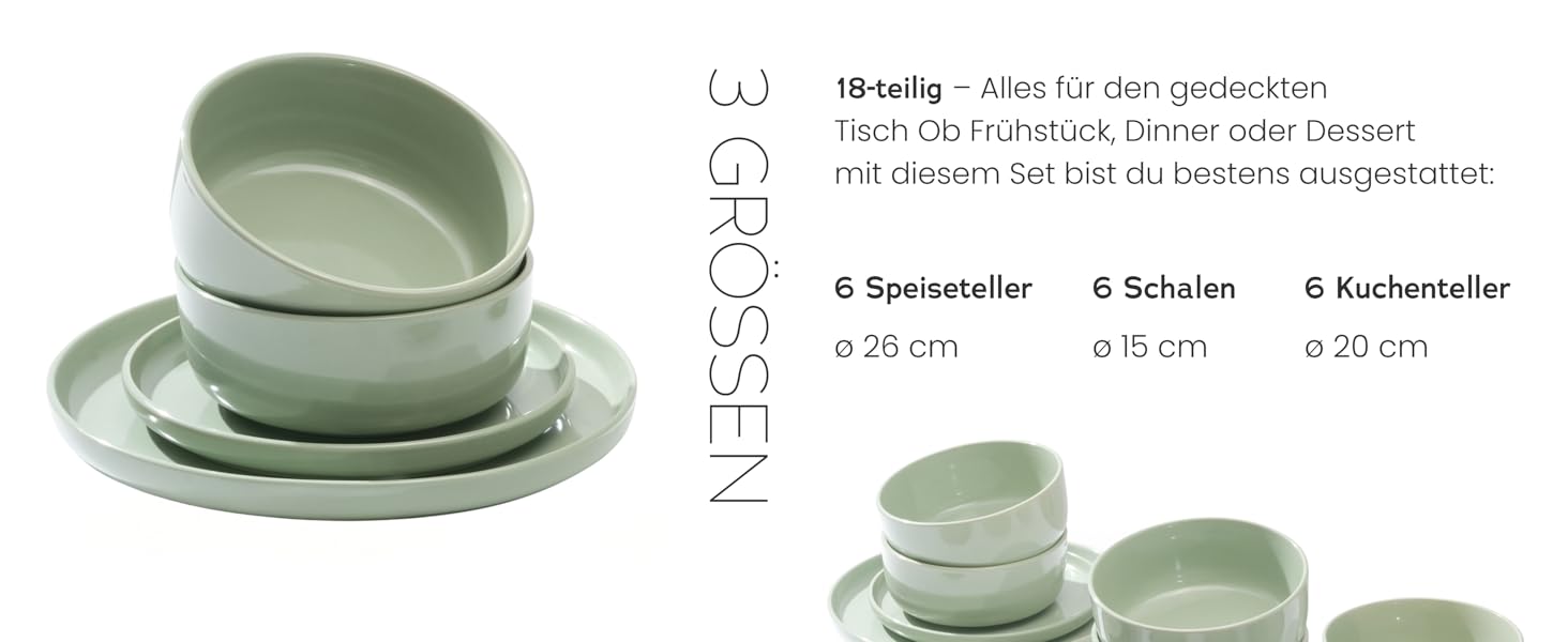 Набір посуду Feinsteinzeug на 6 осіб (18 предметів) — міцний, стійкий до подряпин, бежевий глянцевий | Столовий посуд, тарілки, миски — Magnetiks (Misty Mint, 18 предметів)