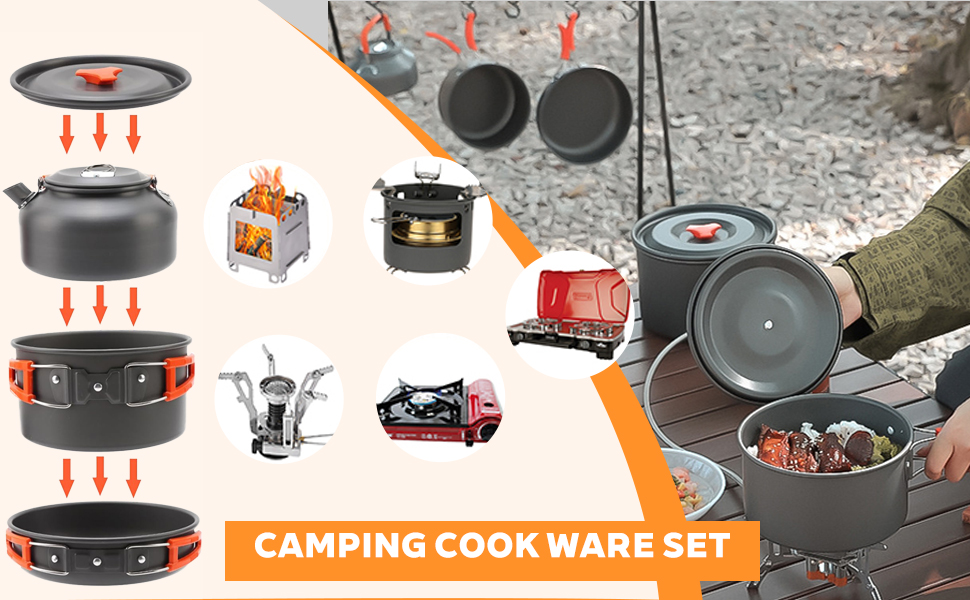 Набір кухонного посуду для кемпінгу, 10 предметів. Набір посуду для приготування їжі на відкритому повітрі, для 2-4 осіб. Плита, сковорода, чайник для пікніків, BBQ та походів