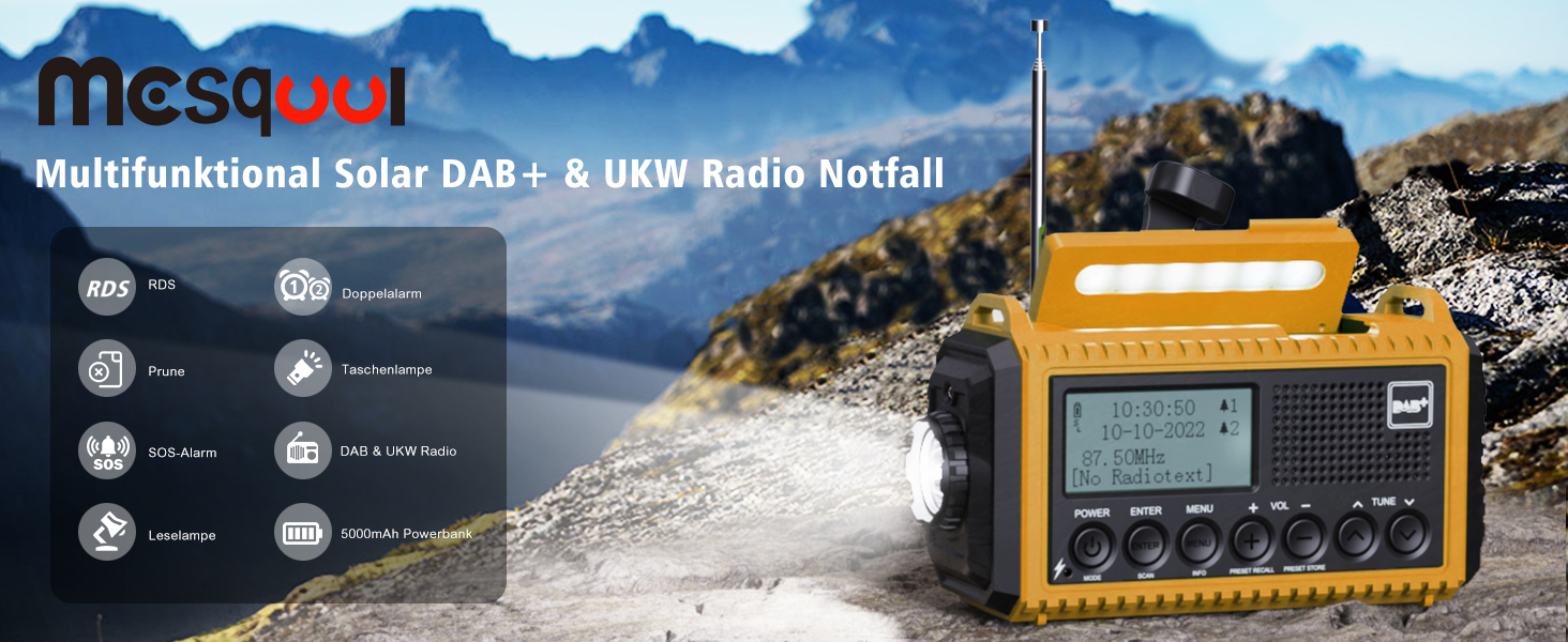 Радіоприймач Kurbelradio з DAB+/DAB/UKW, акумулятор 5000mAh, ліхтарик, аварійне радіо, USB-зарядка, FM, динамо, SOS-сигнал, для туризму та відпочинку на природі (жовтий)