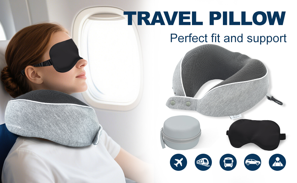Подушка для шиї Comfy - для подорожей (літак, авто, поїзд) з регулюванням, Memory Foam, 3D-маска, сірий