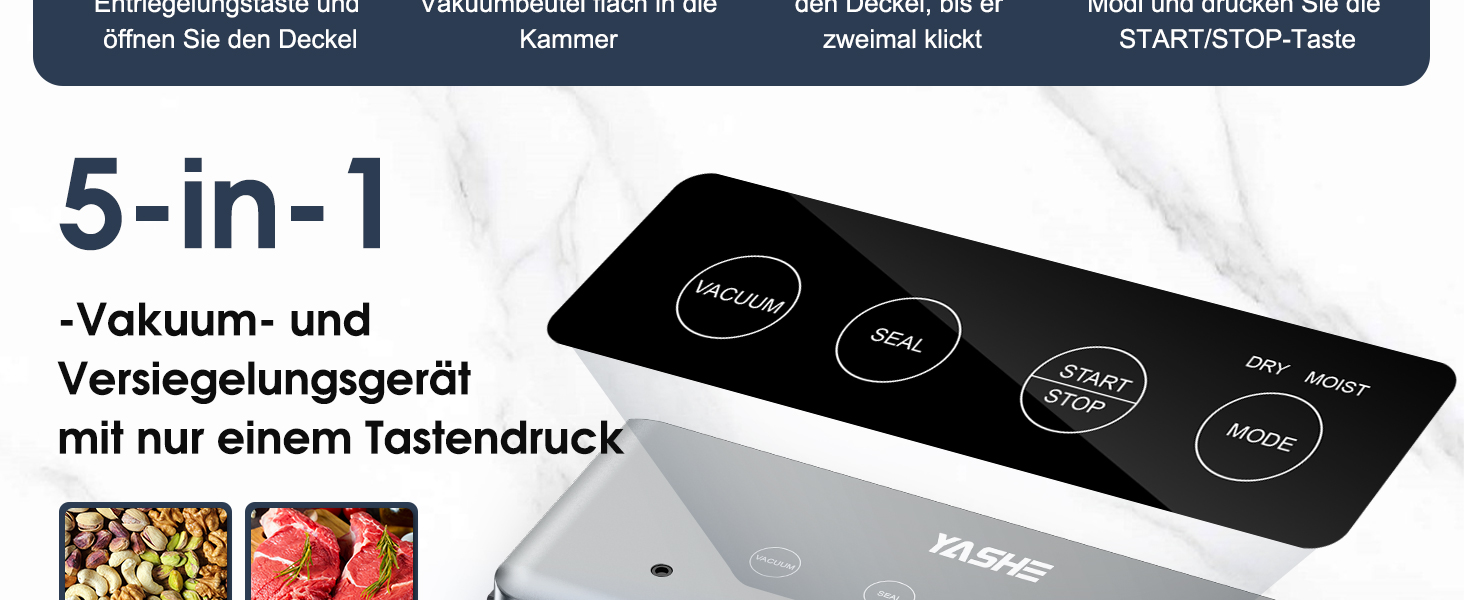 Вакуумний пакувальник YASHE з сухим та вологим режимом, 5-в-1, зварювальна штанга 30 см, для су-від та консервації м'яса, риби, фруктів та овочів