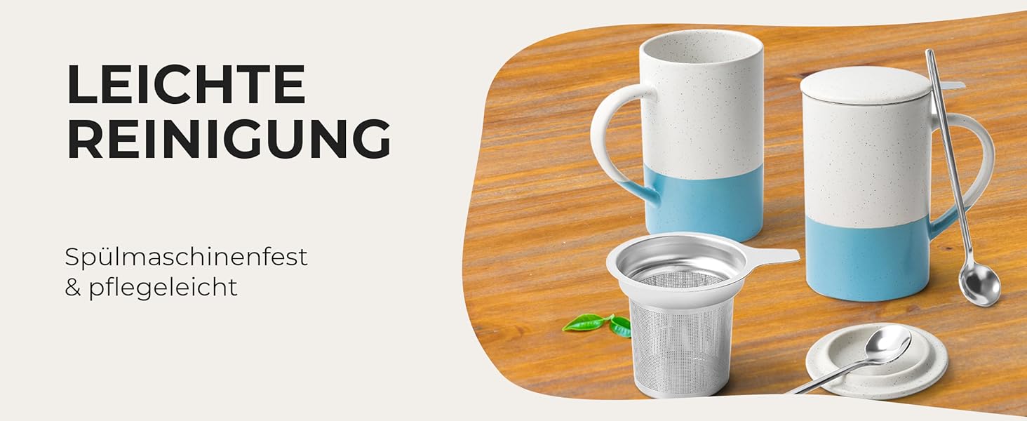 Набір чайних чашок Miamio 2 x 500 мл з кришкою та ситом, з чайним ситечком та ложкою, для заварювання листового чаю, подарунок для жінок, безпечно для мікрохвильової печі та посудомийної машини (блакитний)