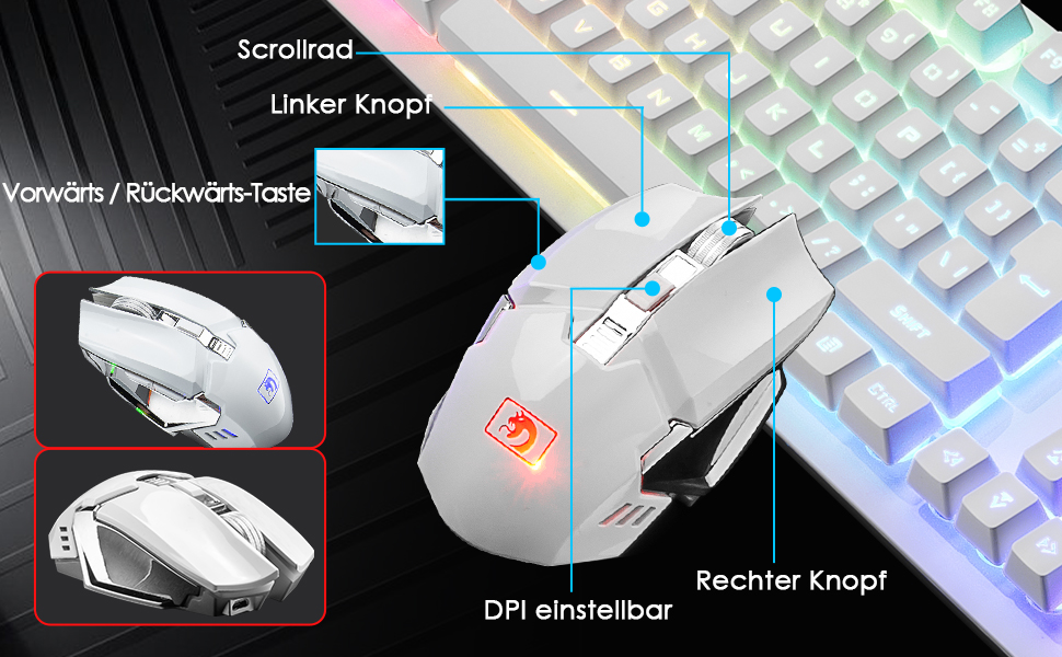 FELiCON Комбо-набір бездротової клавіатури та миші, 4800mAh, RGB LED-підсвічування, керування кнопками, ергономічний дизайн, 7 кольорів, чорний (K&M)