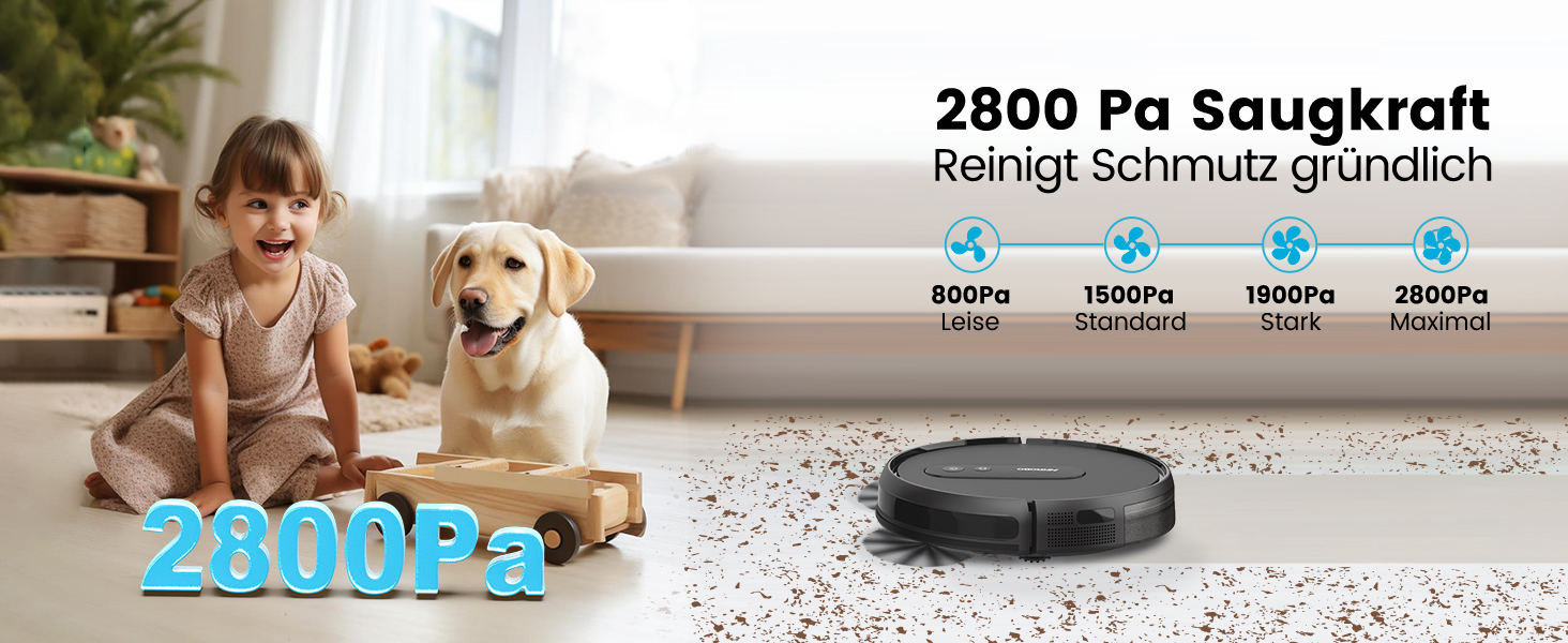 Робот-пилосос AIRROBO Saugroboter P25: потужність 2800 Pa, керування через додаток, 120 хв роботи, для твердих поверхонь, килимів та шерсті тварин