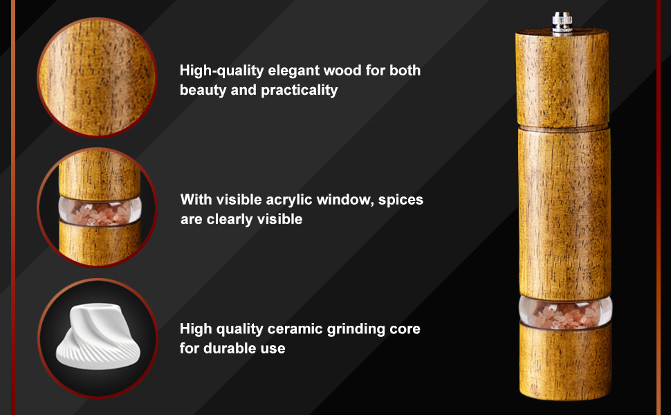 Механічна млинка для солі та перцю з керамічним жорном, регульована ступінь помелу, набір 2 шт. з підставкою, висота 21,5 см