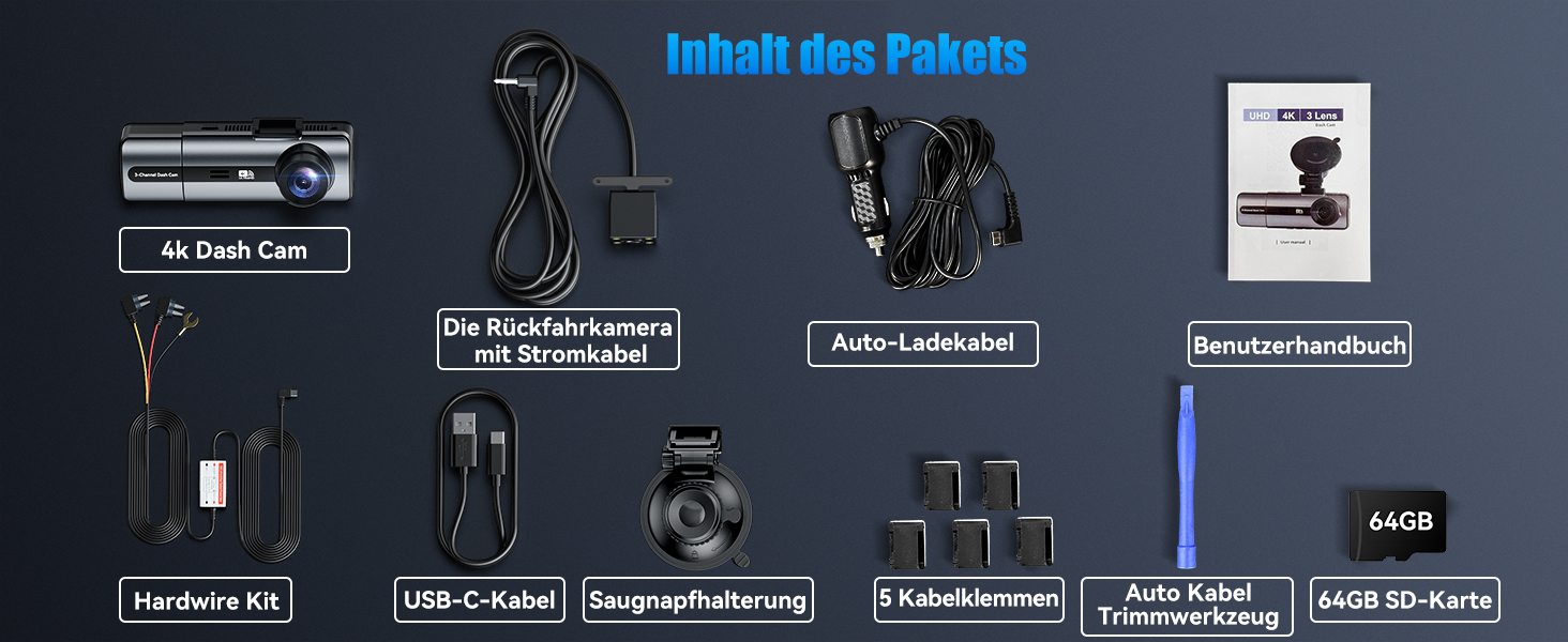 Автомобільний відеореєстратор 4K (передній та задній камери) з Hardwire Kit для постійного живлення, чорний