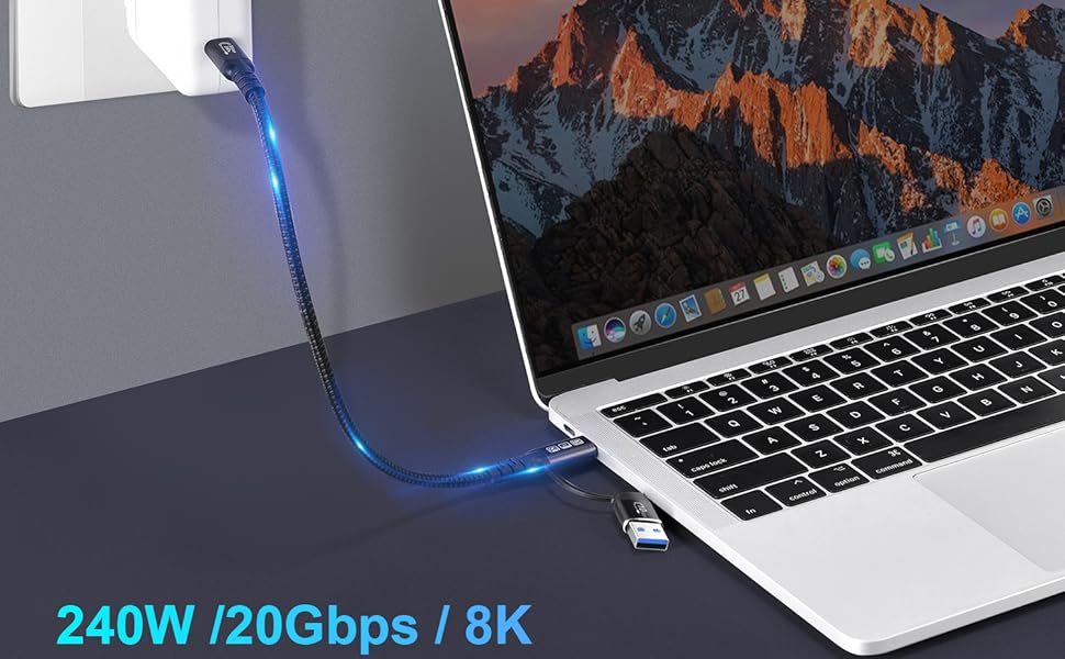 Кабель USB-C 200см: USB 3.2 Gen 2x2, 20 Гбіт/с, 5A/240W, PD3.1, 8K@60Hz, Thunderbolt 3/4, сумісний з MacBook Pro, Samsung