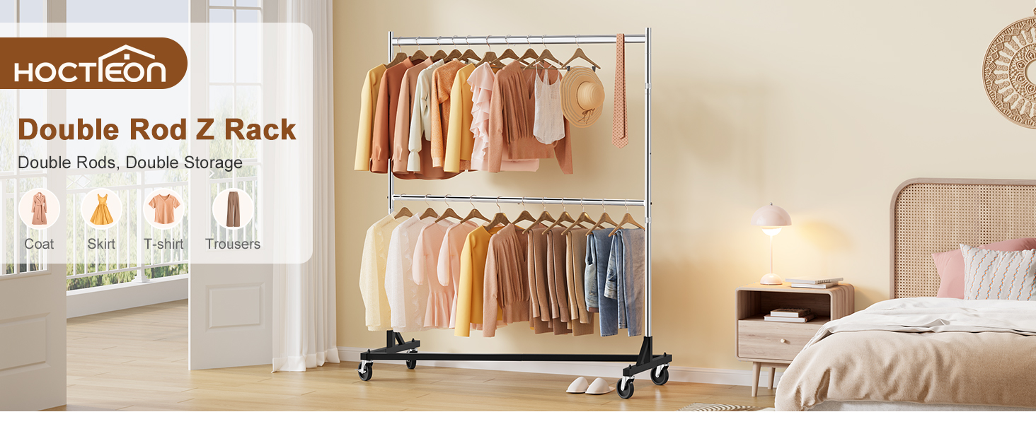 Стійка для одягу Hoctieon на колесах, міцний металевий вішак-гардероб для спальні, білий